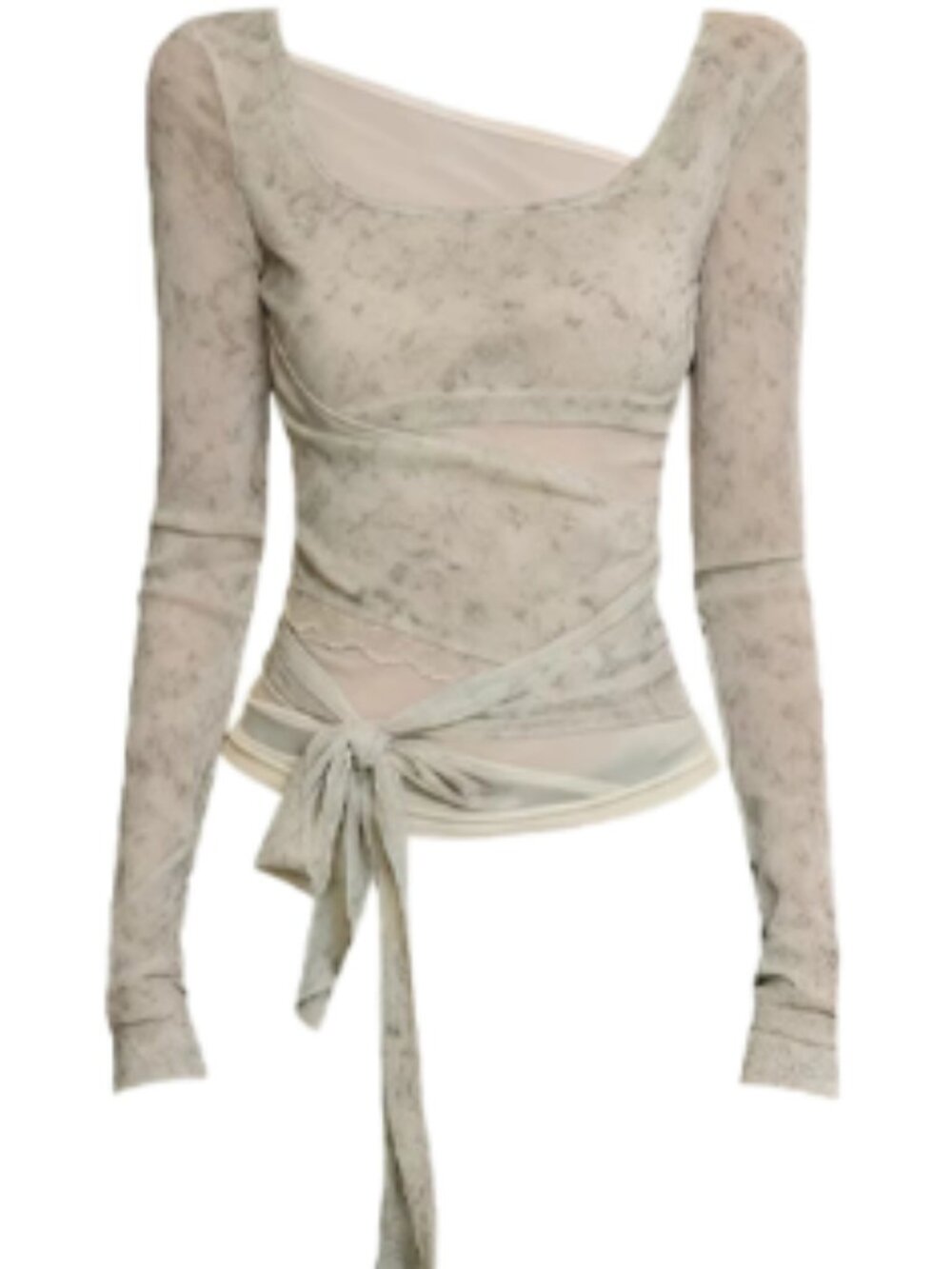 Grey Mesh Wrap Long Sleeve Top